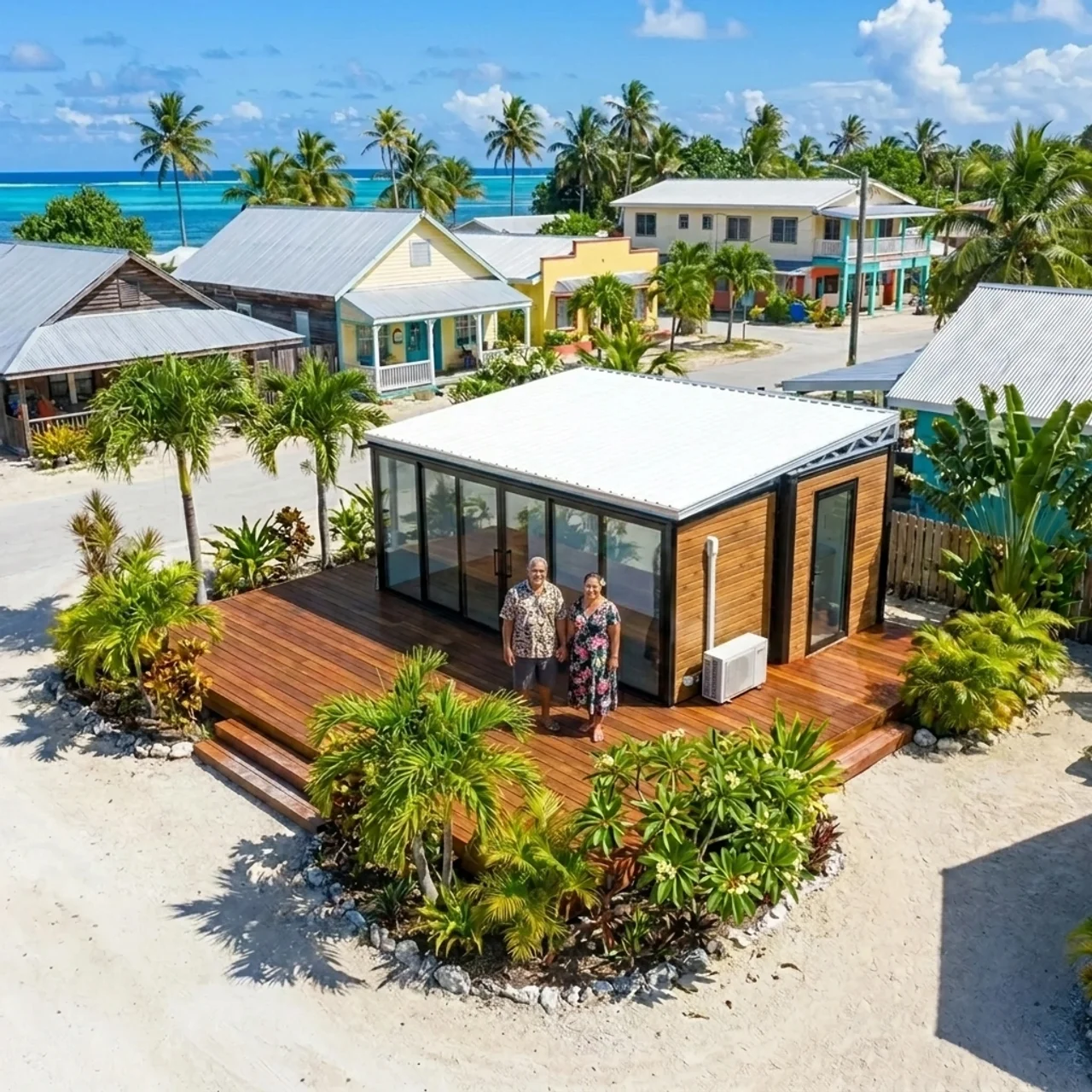 Aerial view of a black expandable home with an extended Pacific Island family gathered around a long table on a stone patio