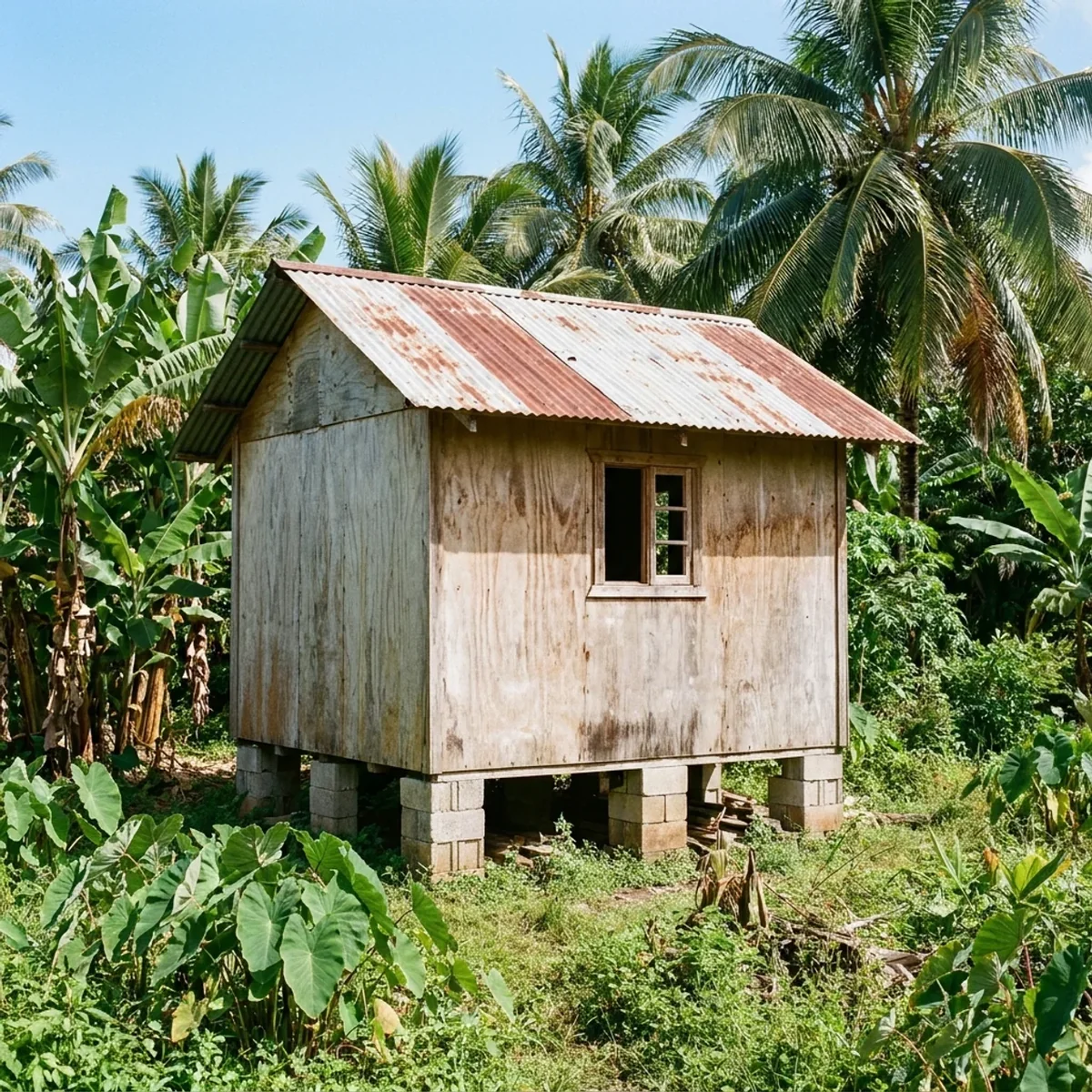 Small plywood cabin raised on concrete-block piers in dense bush, iron roof and a single unglazed window, taro and banana growing to the walls