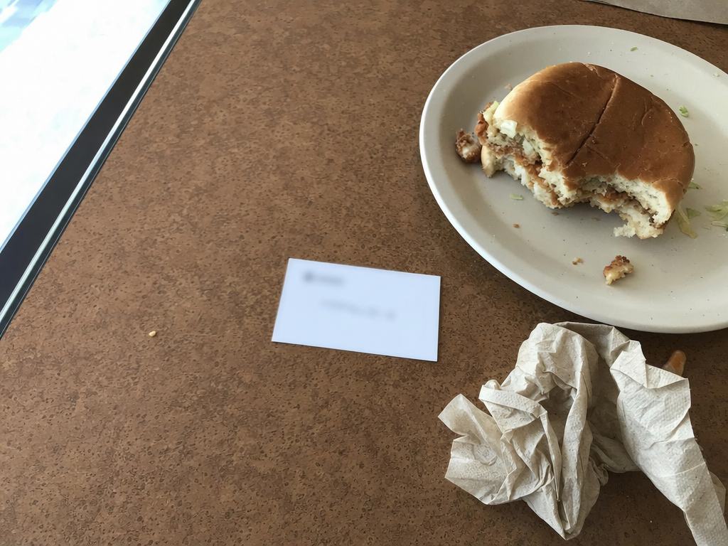 A half-eaten chicken sandwich on a plate next to a business card on a cafe table