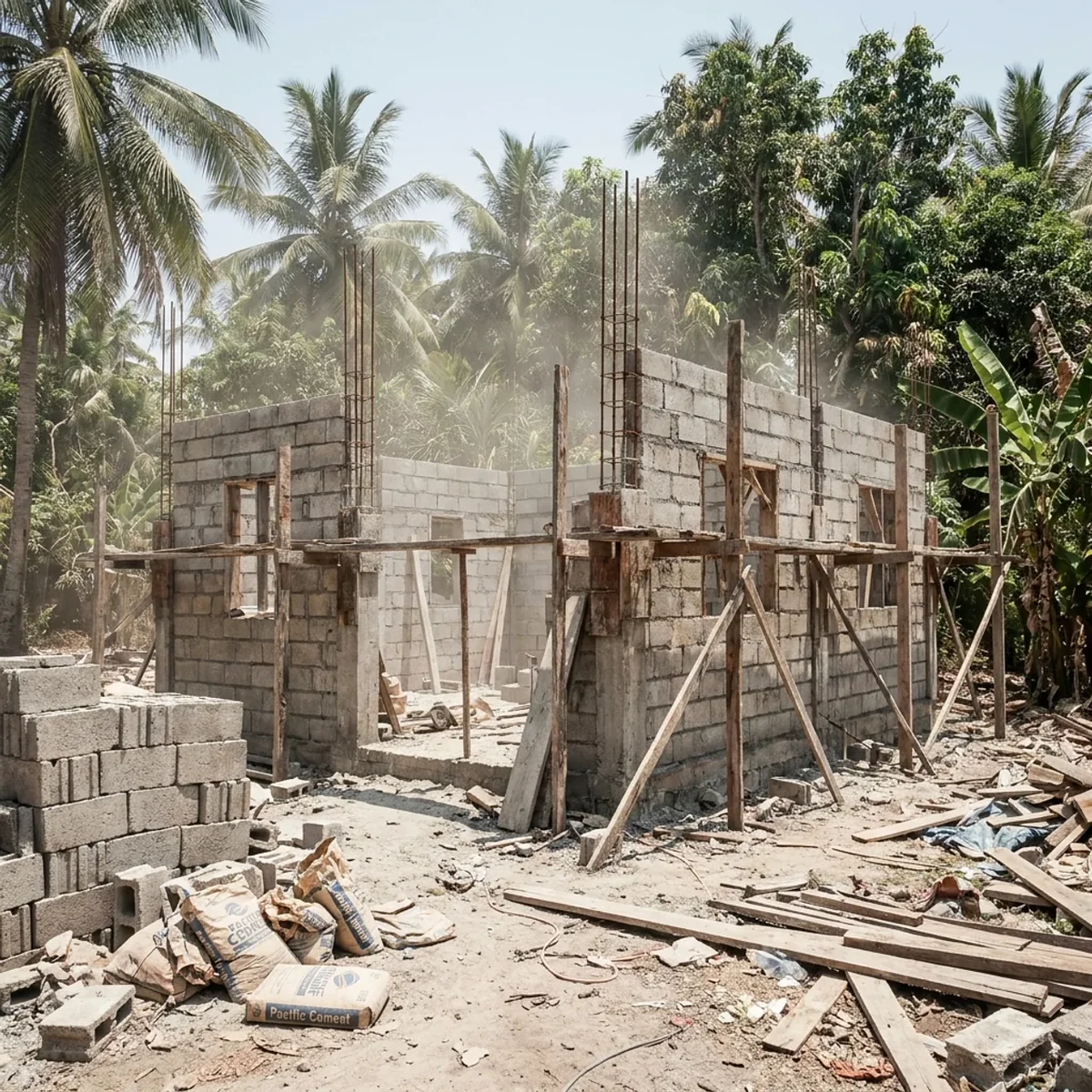 Unfinished concrete-block house with rebar protruding and timber props bracing the walls, cement bags on bare dirt, palms behind in harsh midday sun