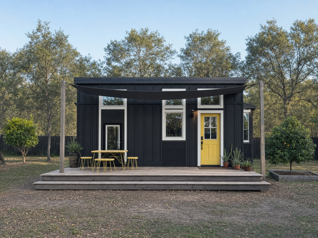 Black-clad tiny home with a yellow door, deck and shade sail