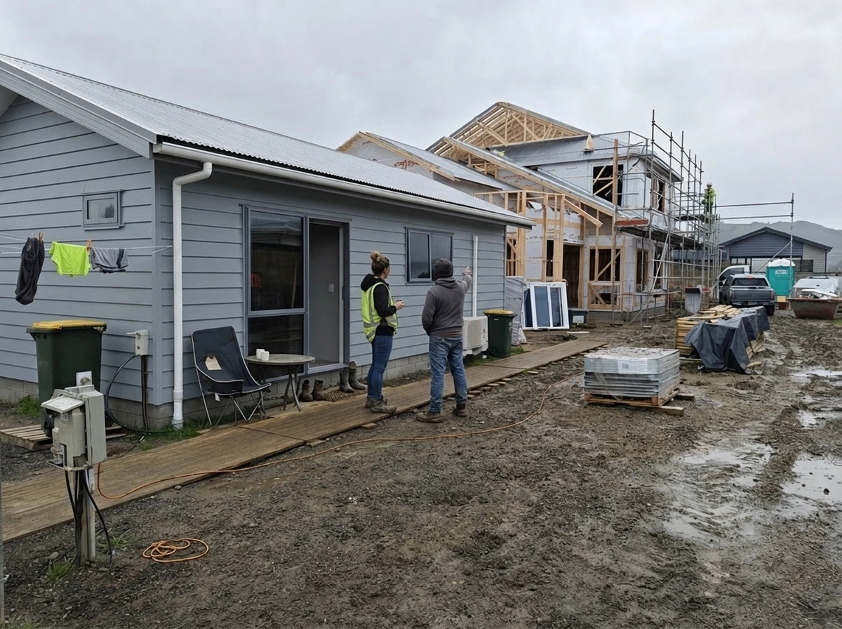 Small grey cabin lived in on site while the main house is framed up behind it