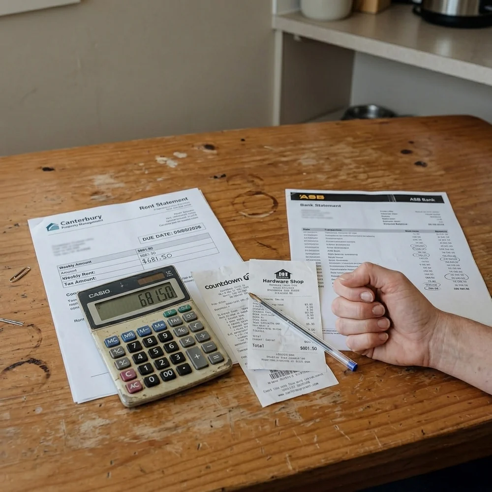 A kitchen table with a Canterbury Property Management rent statement, ASB bank statement, Countdown and hardware receipts, a Casio calculator showing 681.50, and a hand holding a pen — the real arithmetic of renting in New Zealand
