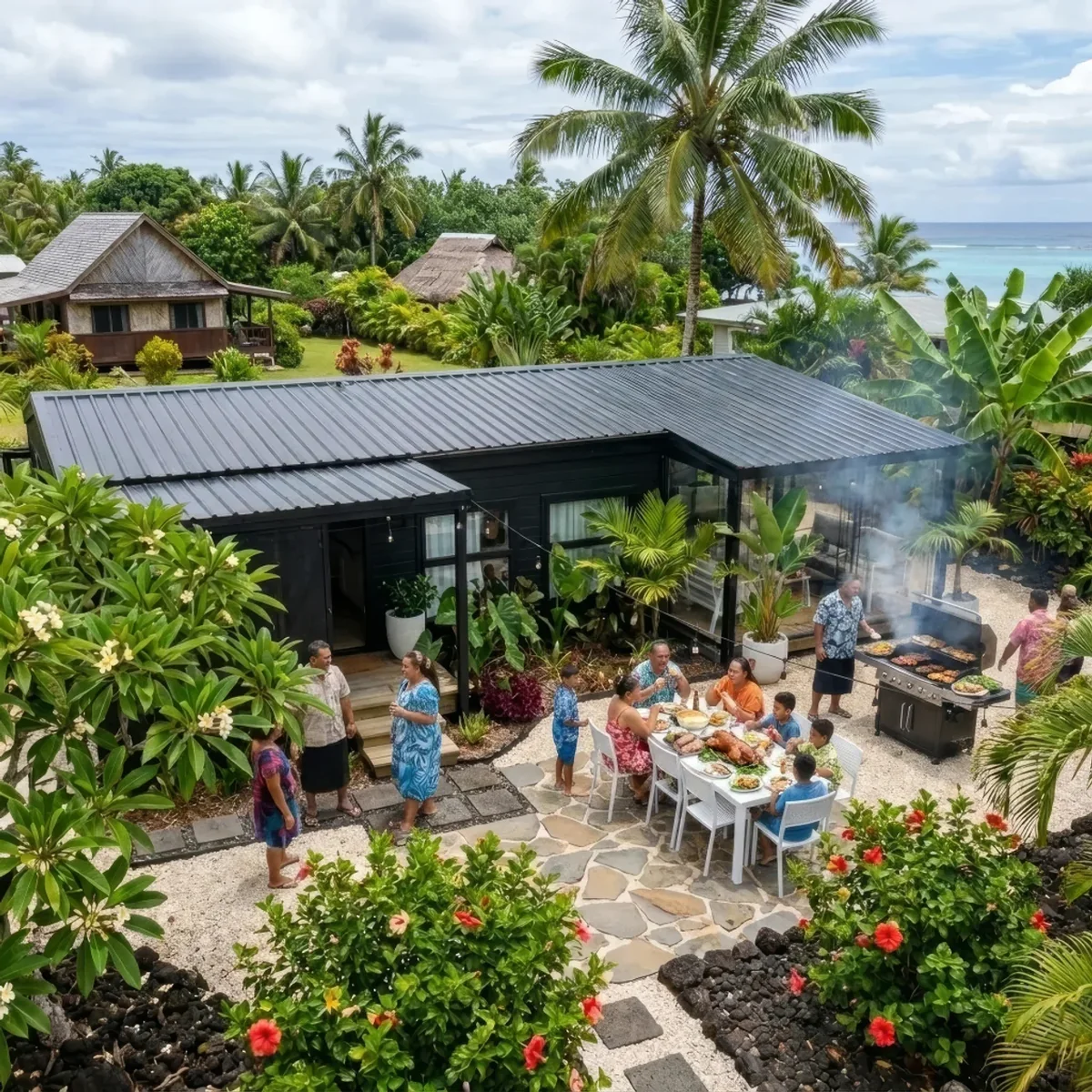 Dark charcoal expandable home with glazed sliders and an extended family gathered around a long table on the patio outside