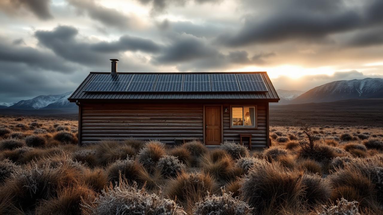 An off-grid cabin with roof solar panels in frosty Southland tussock country