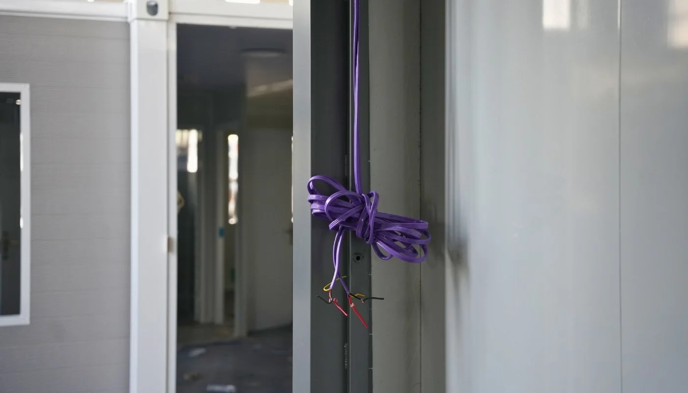 Loose purple electrical cable coiled and left hanging at the doorway of an unfinished prefab unit