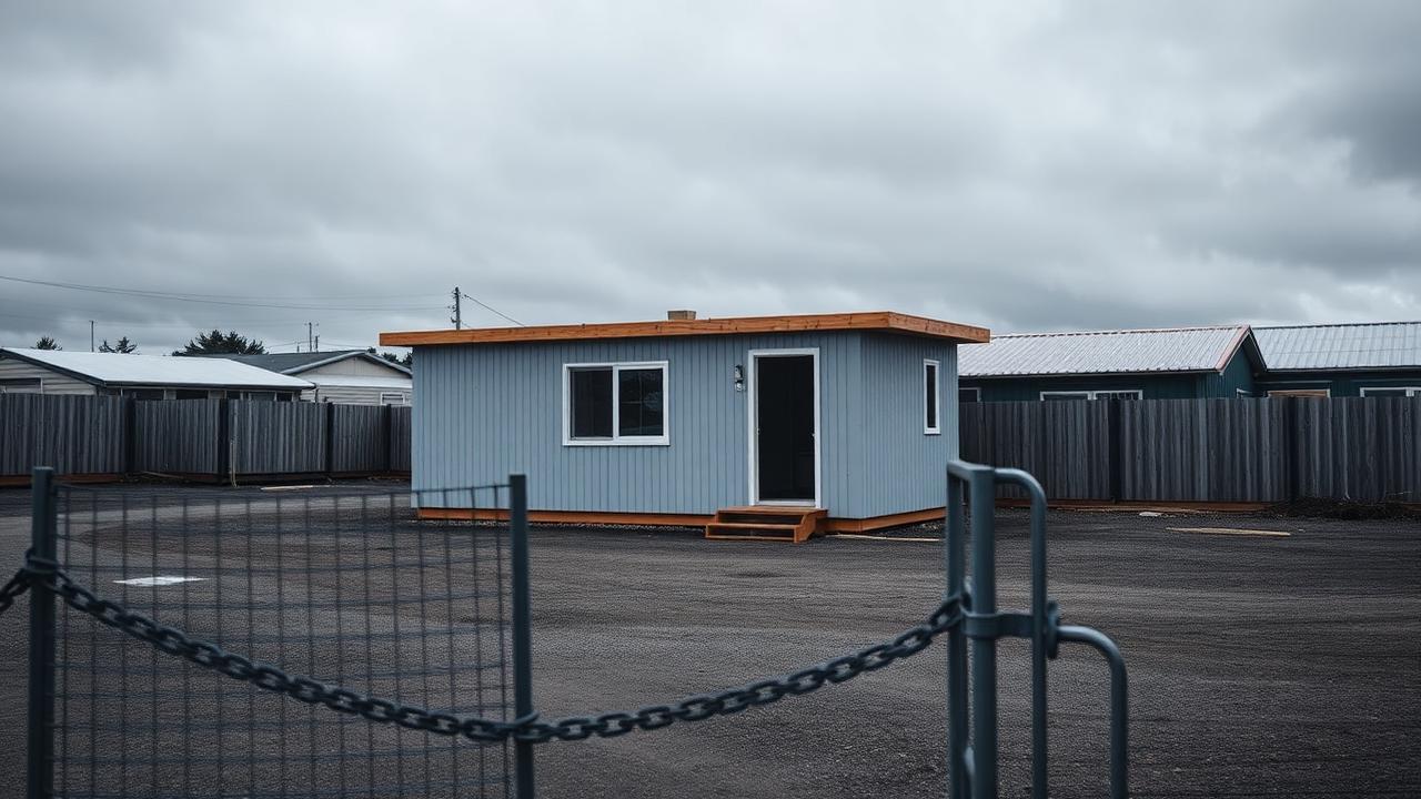 A half-finished modular home behind a chained gate in an empty builder's yard