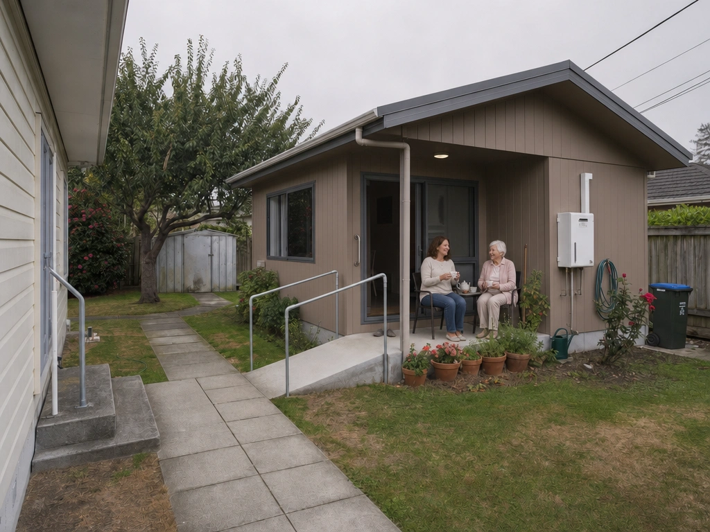 Two women having tea outside a self-contained granny flat with a step-free ramp