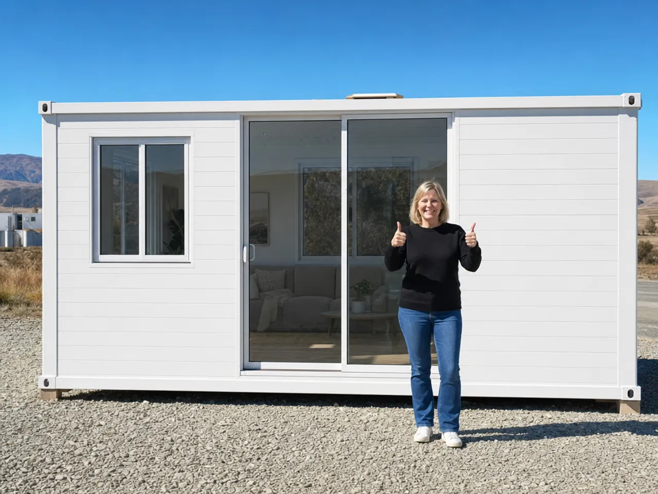 A smiling woman giving two thumbs up in front of a white expandable tiny home with sliding glass doors, set on a gravel pad under a clear blue sky