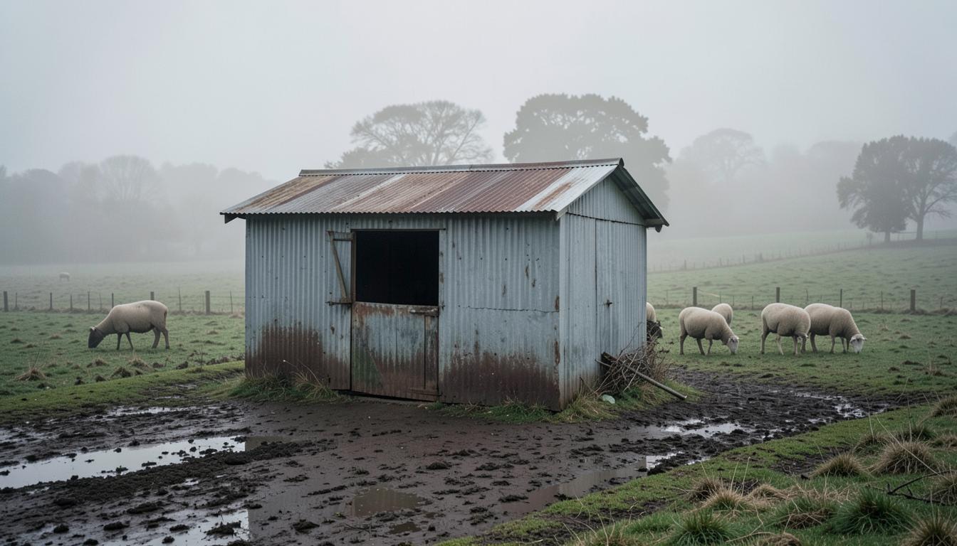 A weathered corrugated-iron farm sleepout on a muddy Canterbury paddock, sheep grazing in the mist