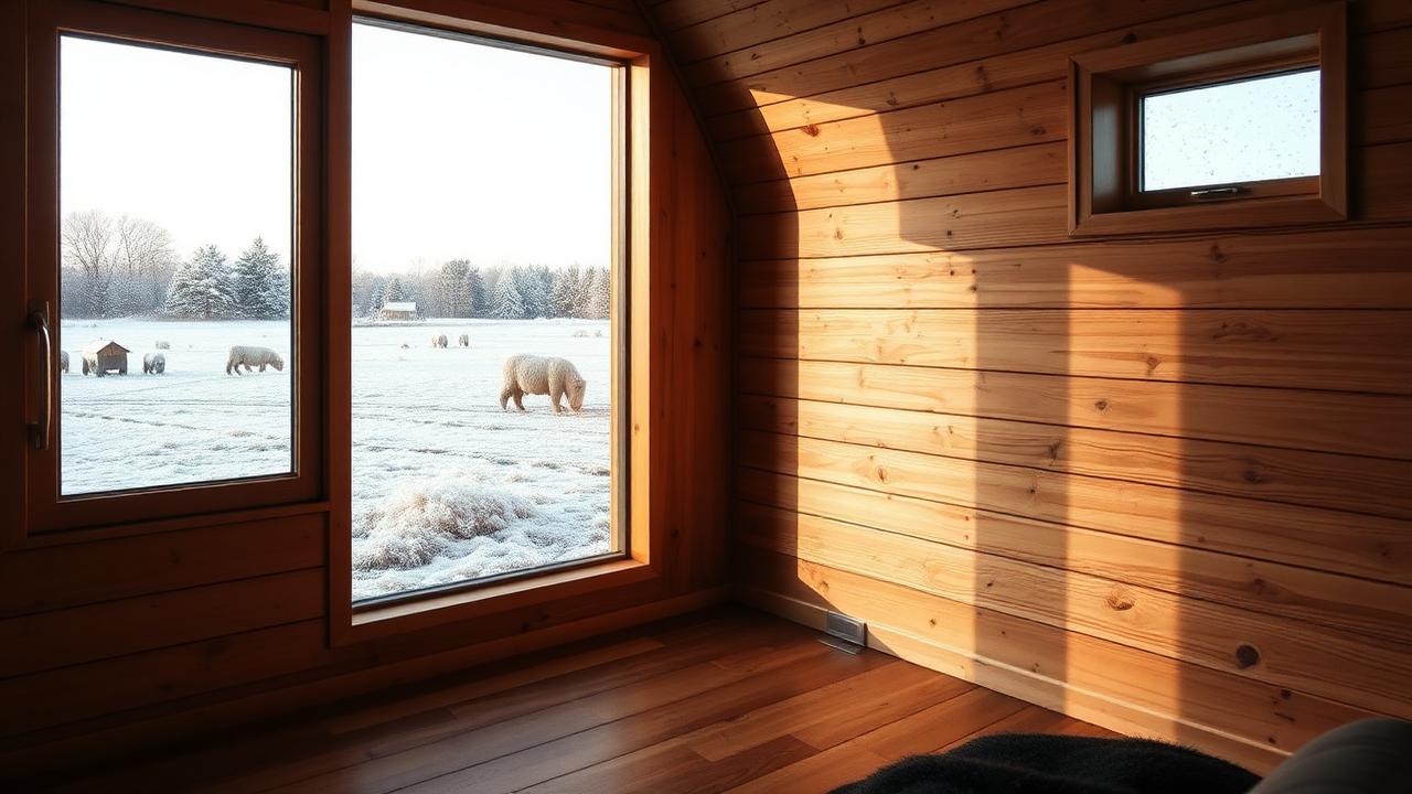 Interior of a small timber-lined New Zealand cabin on a frosty winter morning, clear double-glazed window looking onto a paddock