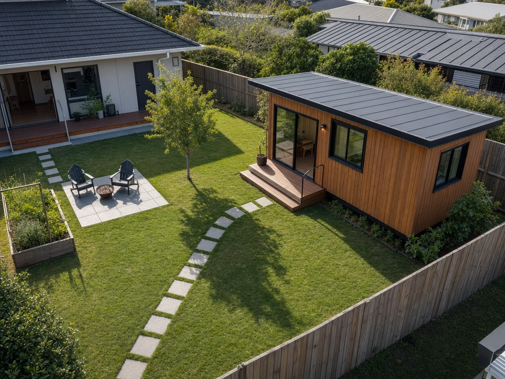 Aerial view of a timber-clad cabin in a suburban back yard behind the main house