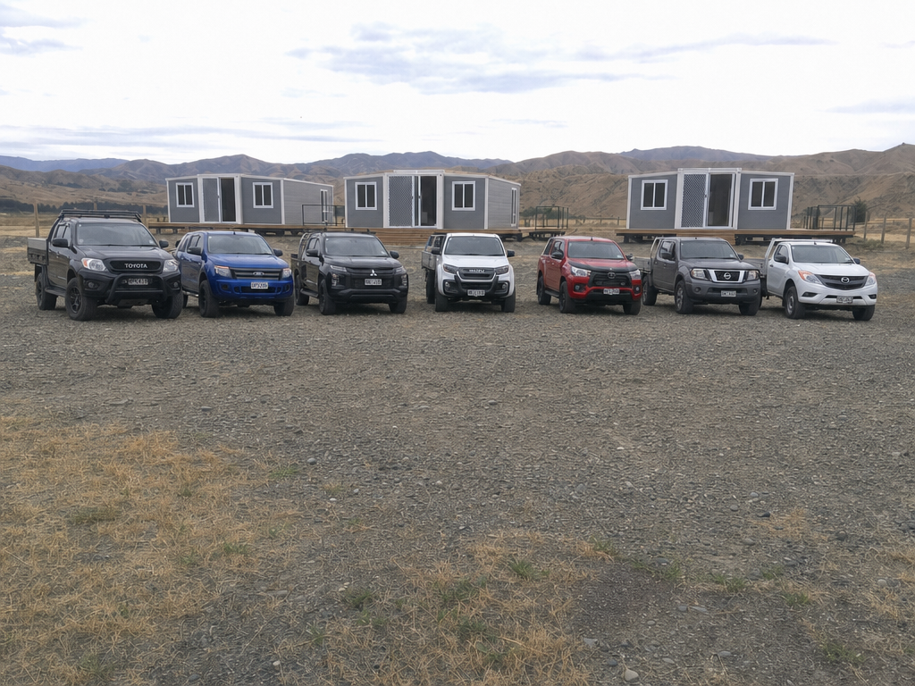 A row of work utes parked in front of portable site cabins on a rural Canterbury block