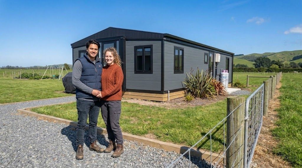 A couple standing in front of their newly delivered grey modular tiny home on a rural section
