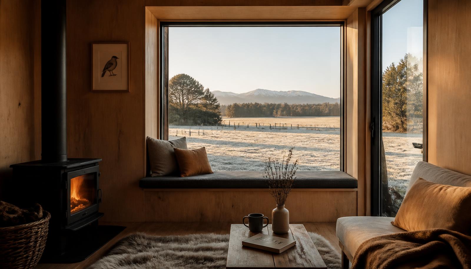Interior of a small modern NZ cabin on a cold winter morning, condensation-free double-glazed window, view of frosty paddock outside