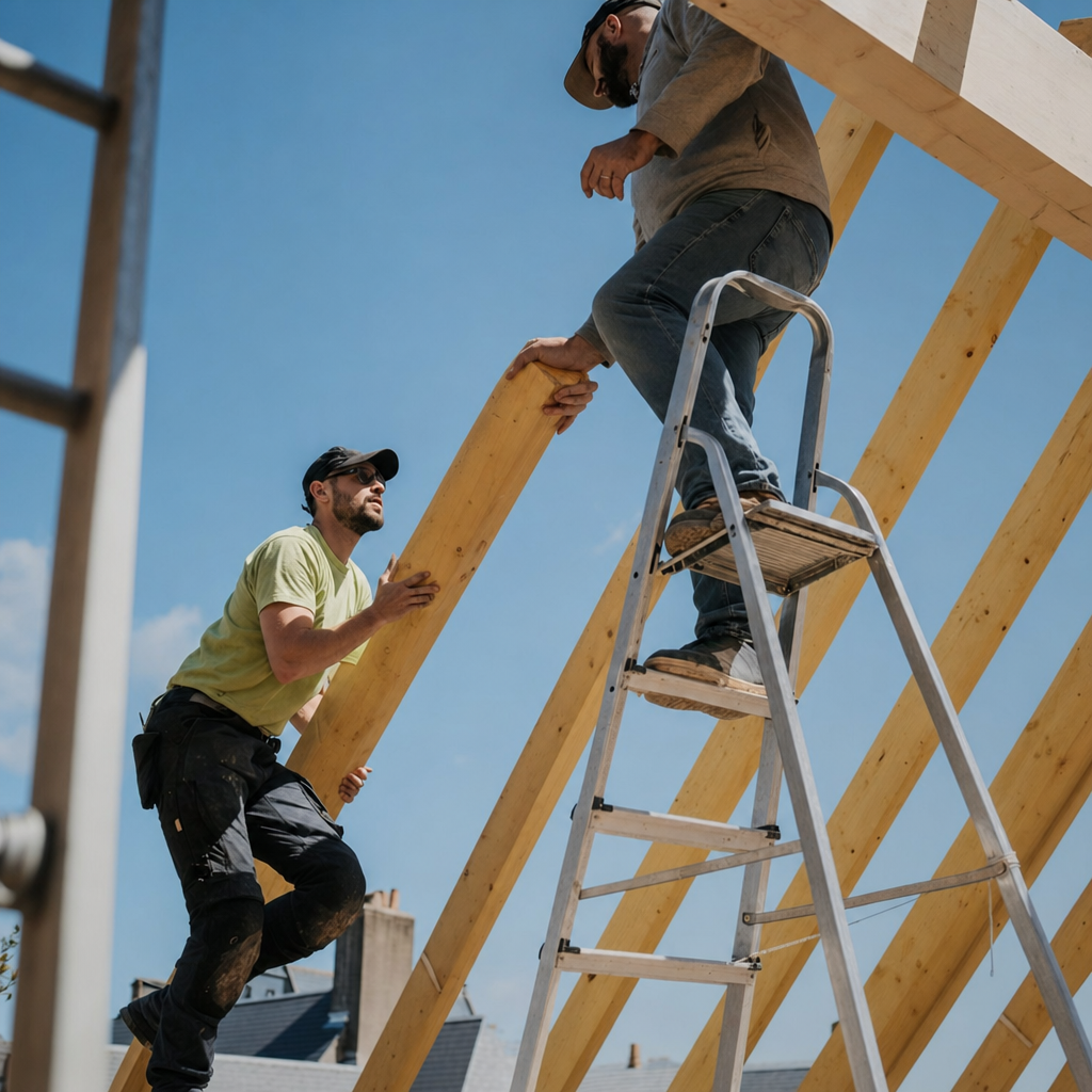Builders lifting timber framing on a new build under a blue sky