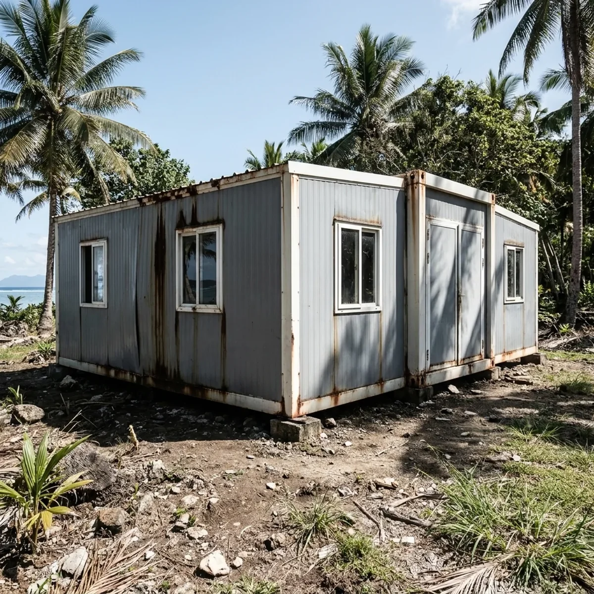 Rust-streaked white portable container cabin sitting on rubble ground near the coast, seals and cladding visibly degraded
