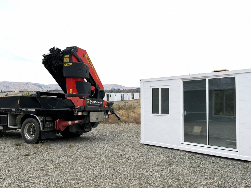 A red Mackleys crane truck beside a white expandable tiny home placed on a gravel pad