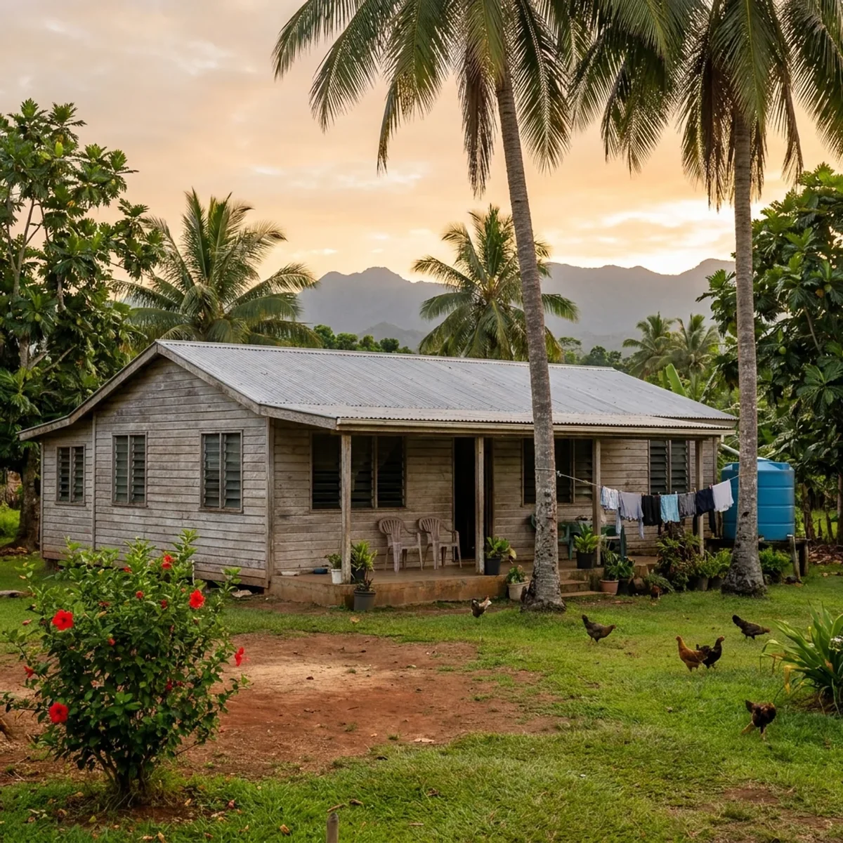 Weathered timber cottage with a corrugated-iron roof and louvre shutters, plastic chairs on the porch and a washing line, mountain ridge behind in golden light