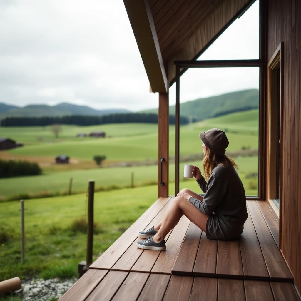 A young person sitting on the deck of a small prefab home in rural New Zealand, mug in hand, looking out at rolling hills
