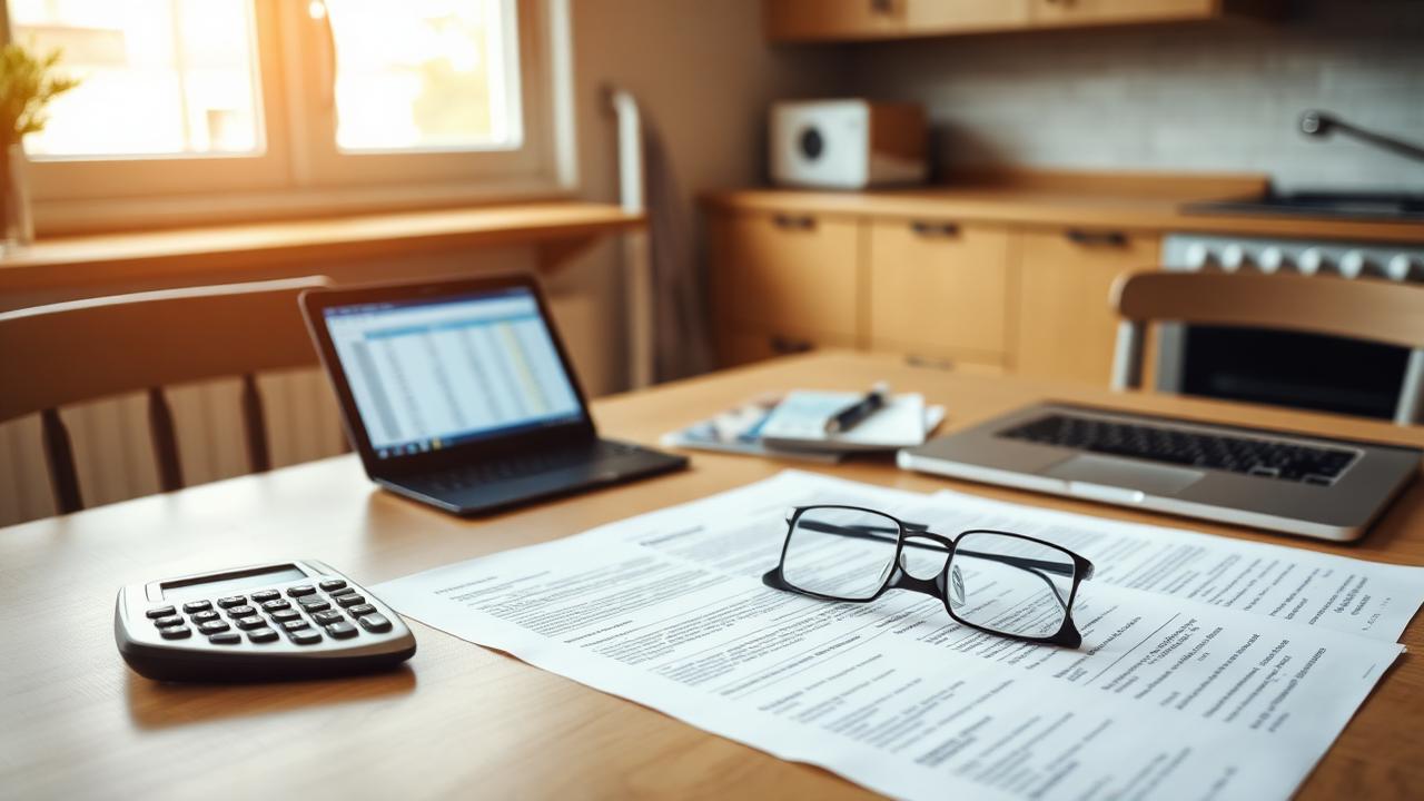 Loan paperwork, a calculator and a laptop spreadsheet on a kitchen table