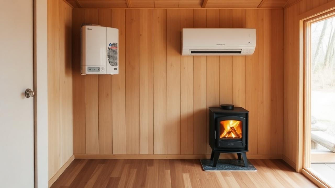 A compact wood burner beside a wall-mounted heat pump inside a timber-lined tiny home