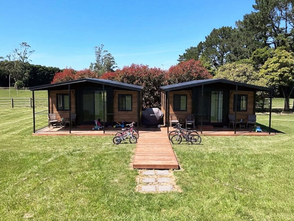Two timber cabins side by side on a shared rural section, each with its own entrance