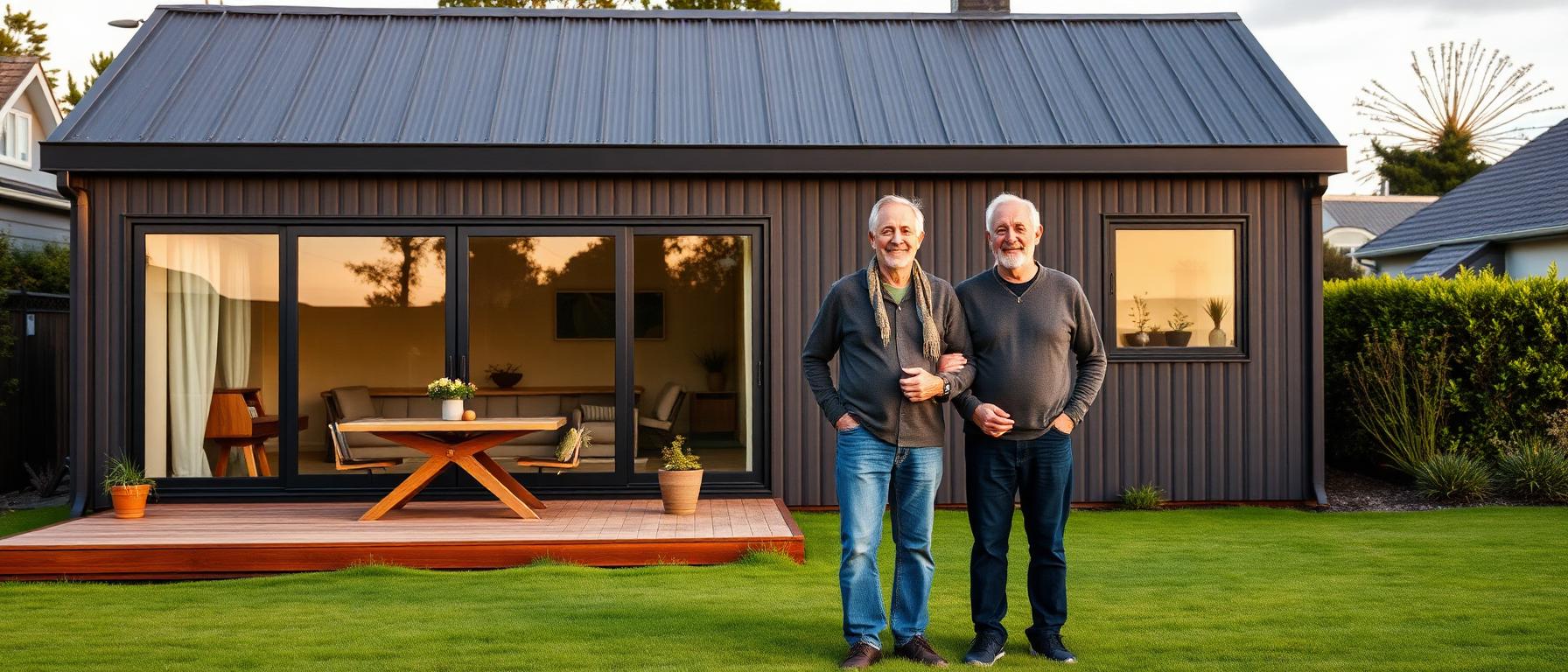 A couple standing arm in arm in front of a dark charcoal expandable home in a suburban New Zealand garden at dusk