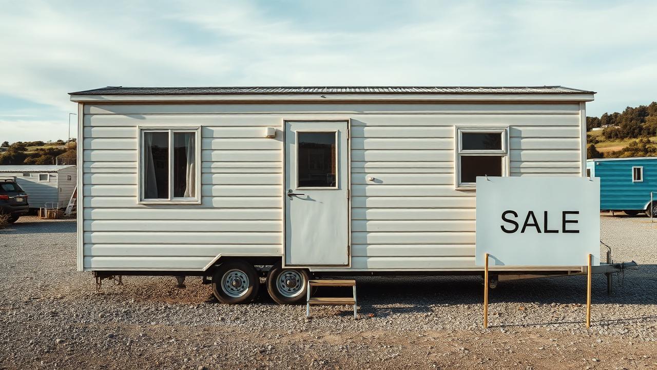 A second-hand tiny home for sale on a gravel yard in New Zealand