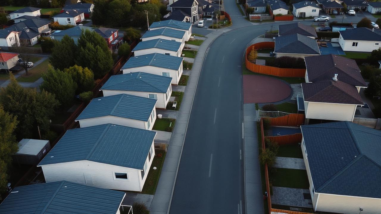 Aerial view of compact modular homes added behind existing houses on a New Zealand street