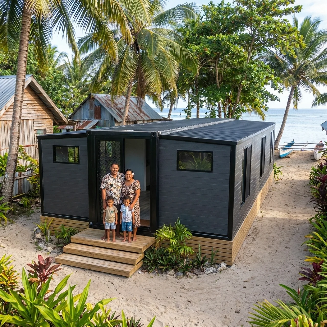 Couple on the timber deck of their new grey expandable home, potted palms and village houses behind