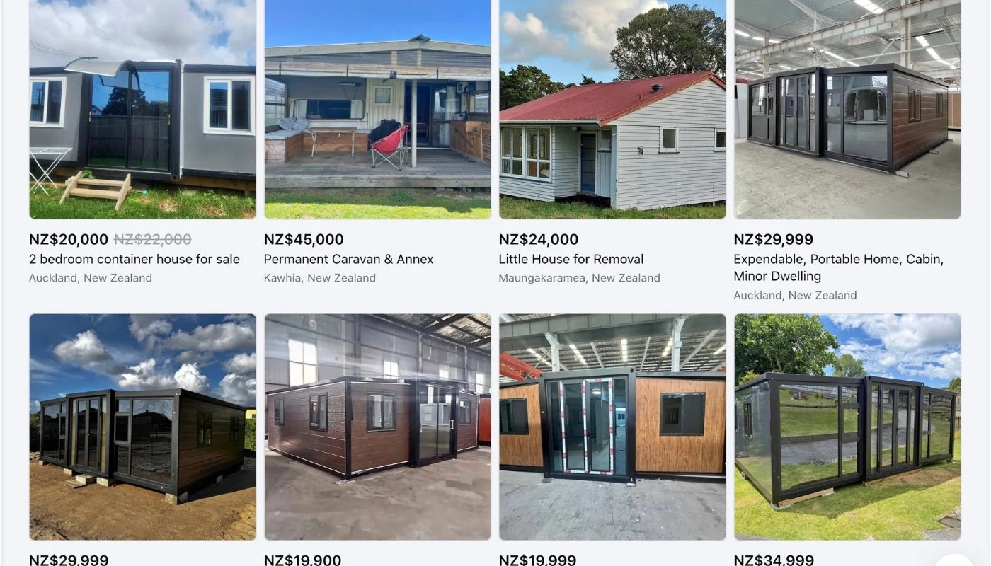 A marketplace search showing multiple low-priced NZ tiny home and portable cabin listings