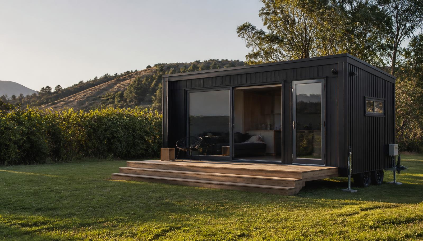 A modern dark-clad tiny home on a rural New Zealand property