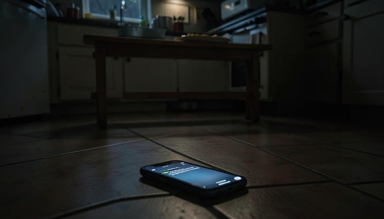 A phone lying face-up on dark kitchen tiles at night, an unread message glowing on the screen
