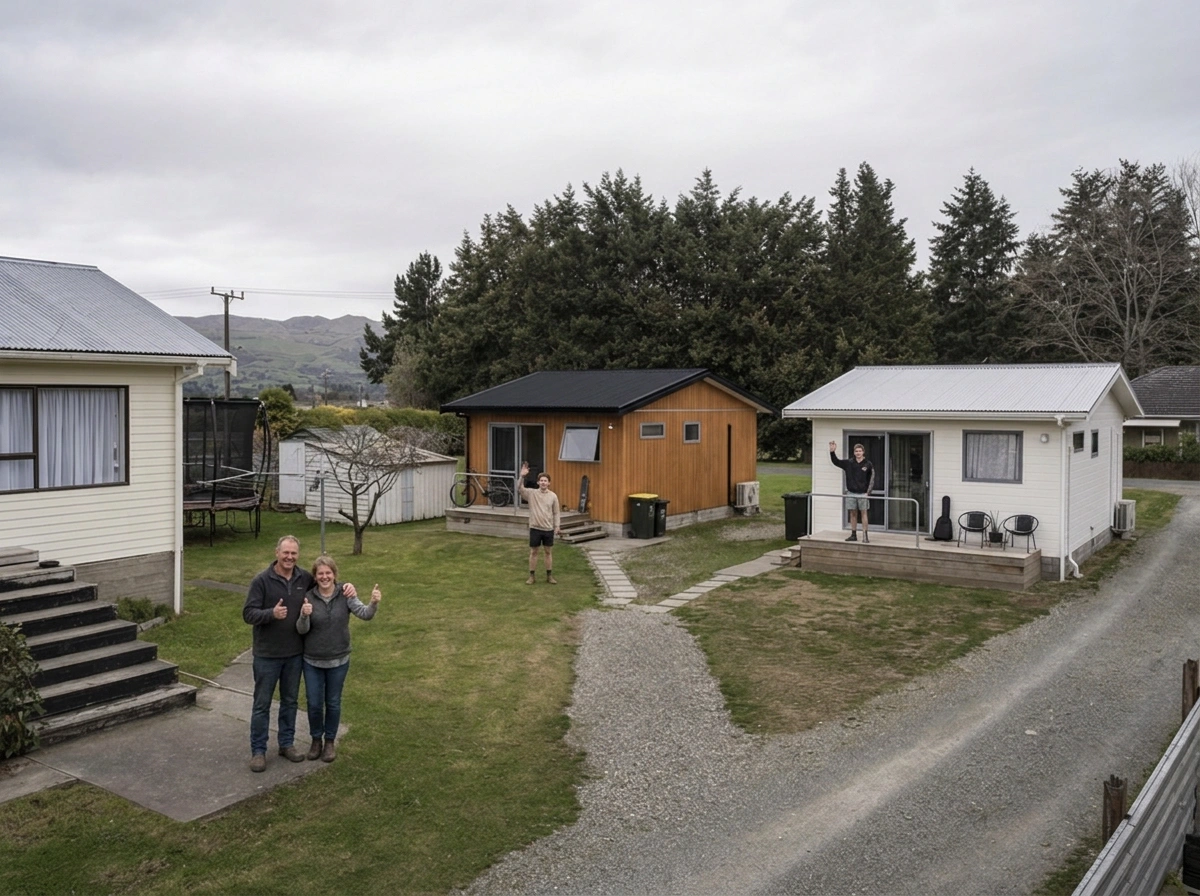 Family outside two cabins parked side by side on the same block