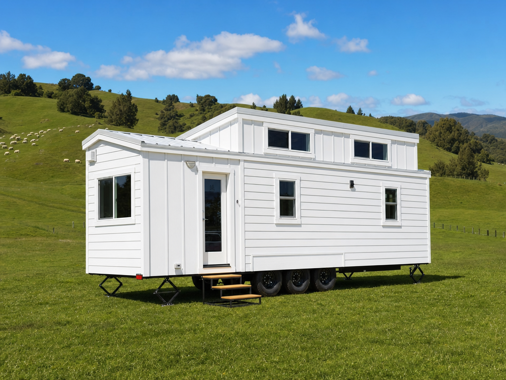 White tiny home on wheels sitting on a green rural block with rolling hills behind