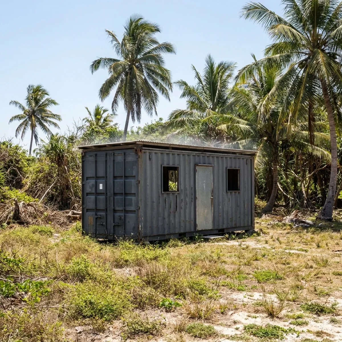 Dark weathered shipping container converted into a dwelling with a crude door and two cut window openings, sitting in overgrown grass