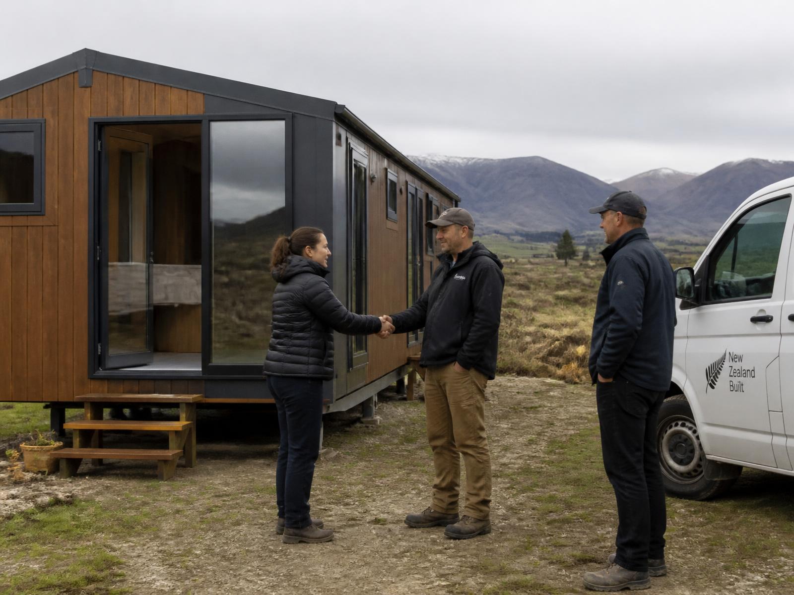 Two people shaking hands with a third beside a tiny home unit and a van
