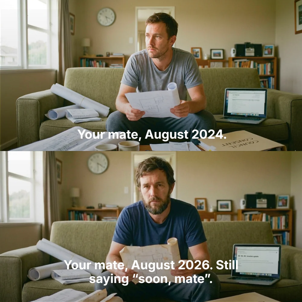 Two frames of the same man on his couch with build plans, two years apart, still waiting to build