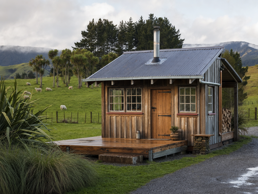 A rustic timber tiny home on a rural New Zealand block with sheep grazing behind