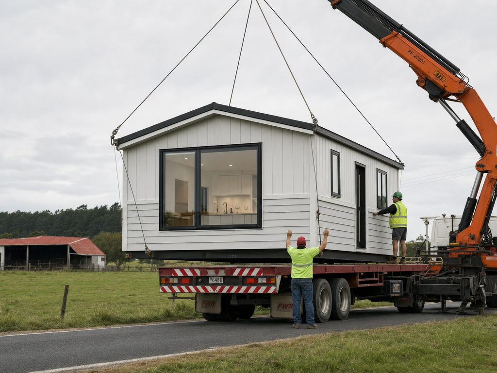 A modern small prefab home being lifted onto a rural site by a hiab truck