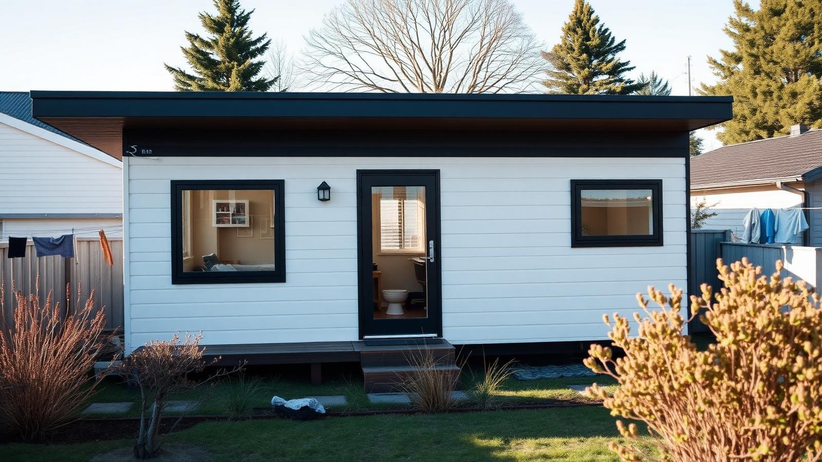 A newly finished compact prefab home in a suburban New Zealand backyard in spring light