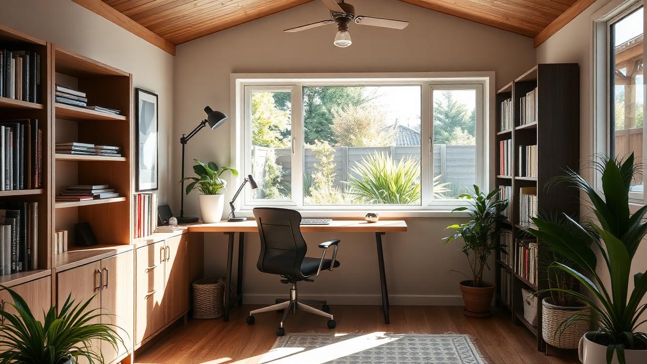 Interior of a backyard studio office with a desk and large window onto the garden