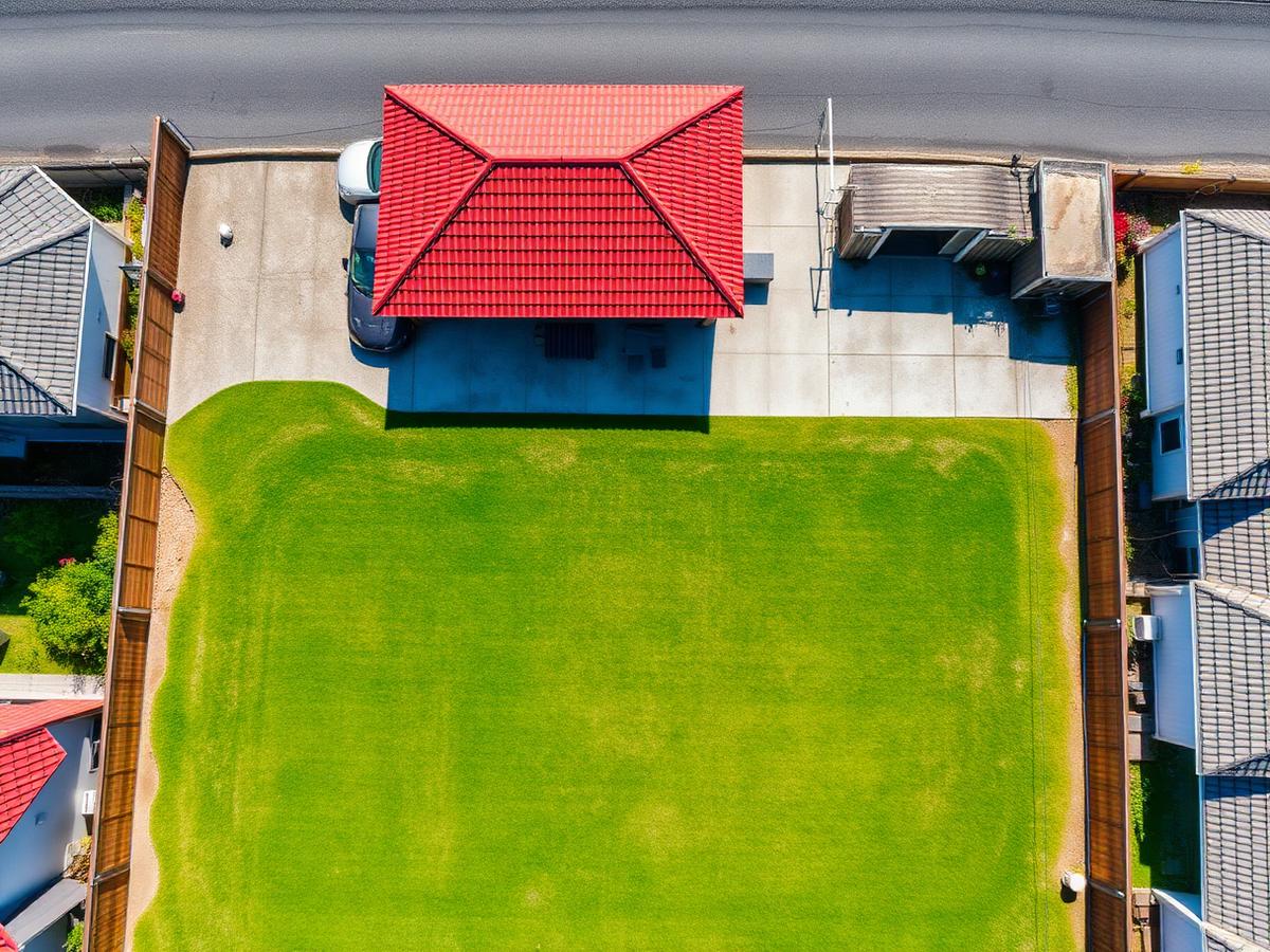 Aerial view straight down over a suburban New Zealand section with a large empty back lawn