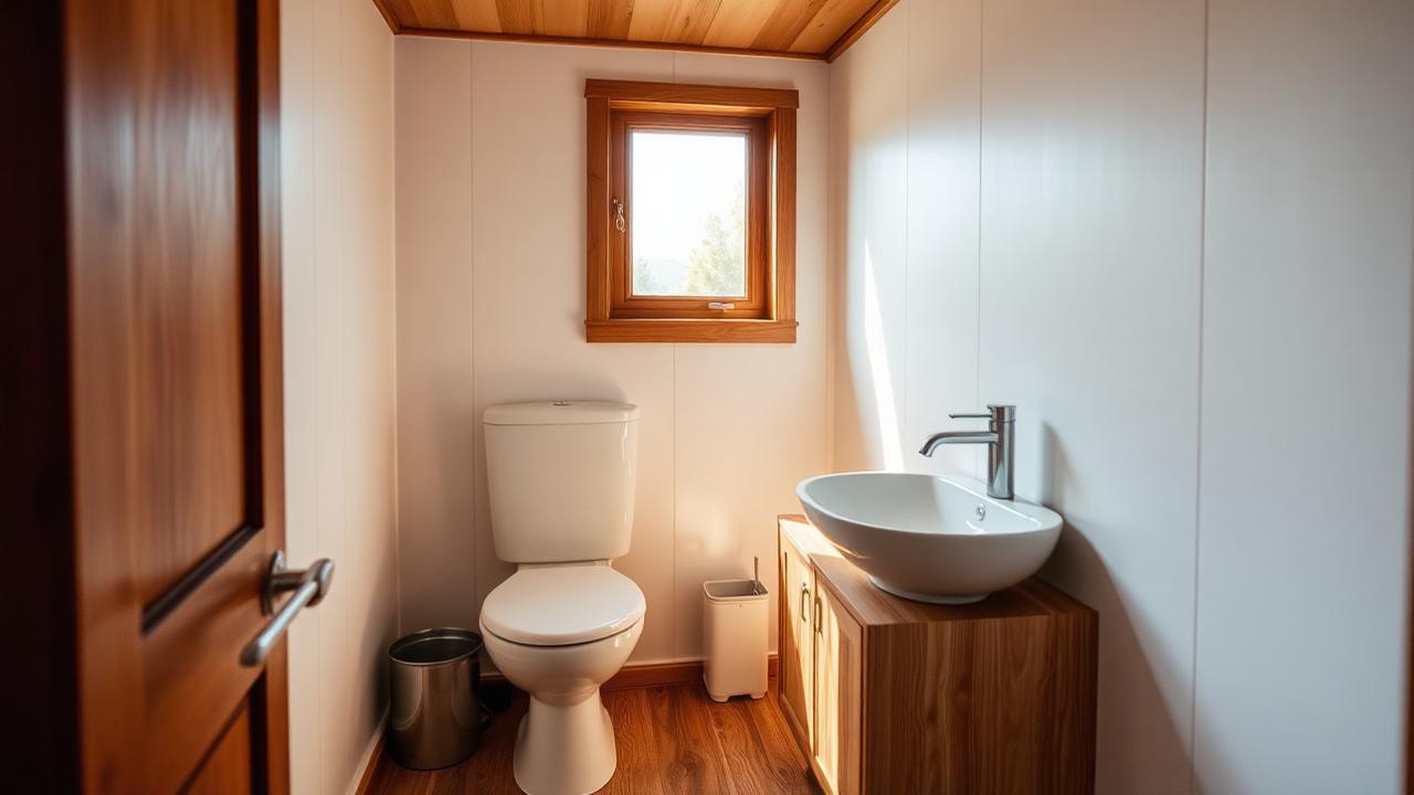A compact tiny home bathroom with composting toilet and timber vanity