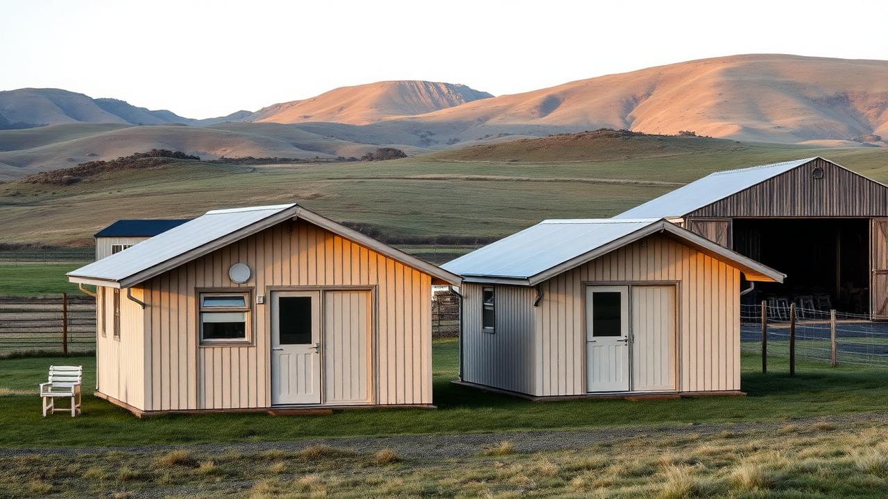 Two small worker accommodation cabins beside a woolshed on a New Zealand farm