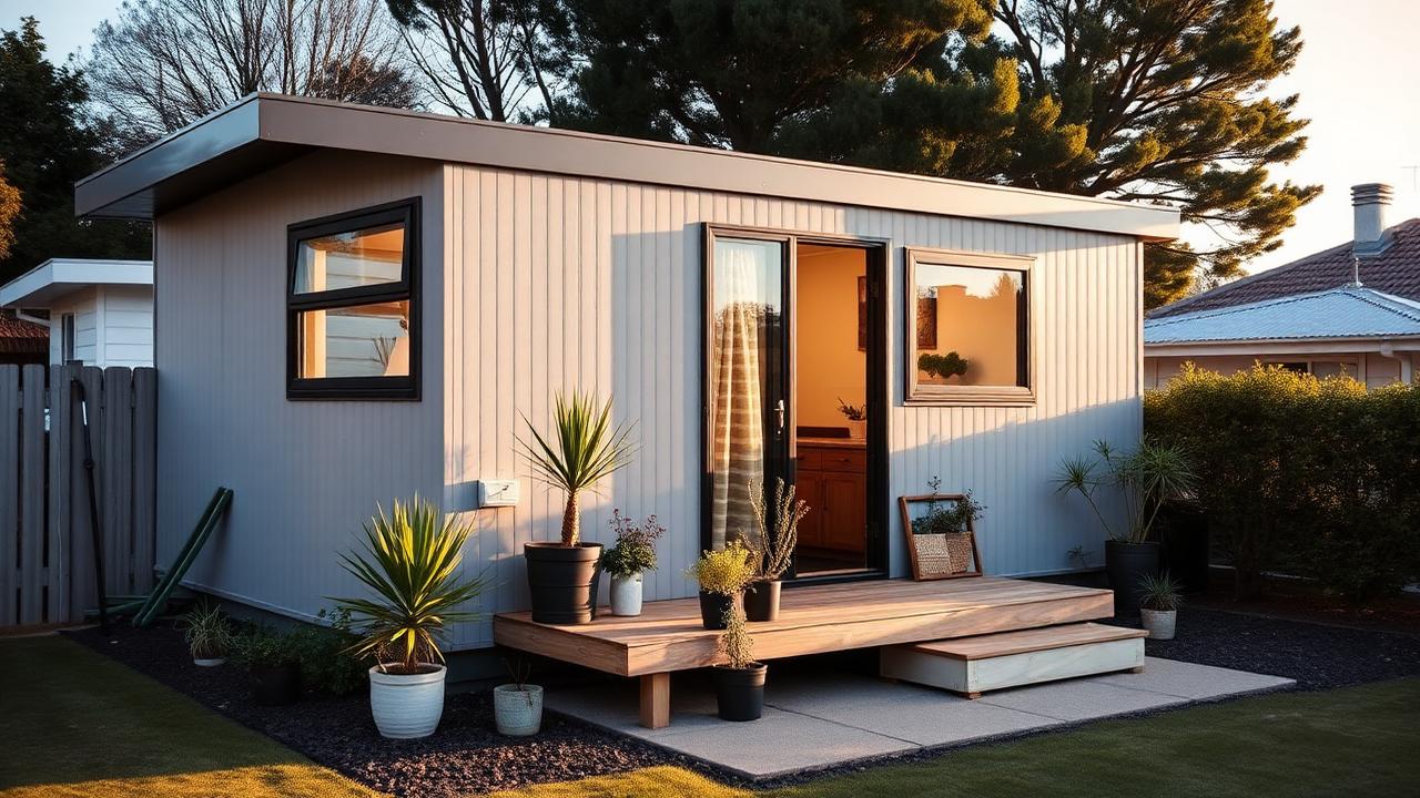 A compact modern first home with a small deck and potted plants on a suburban section