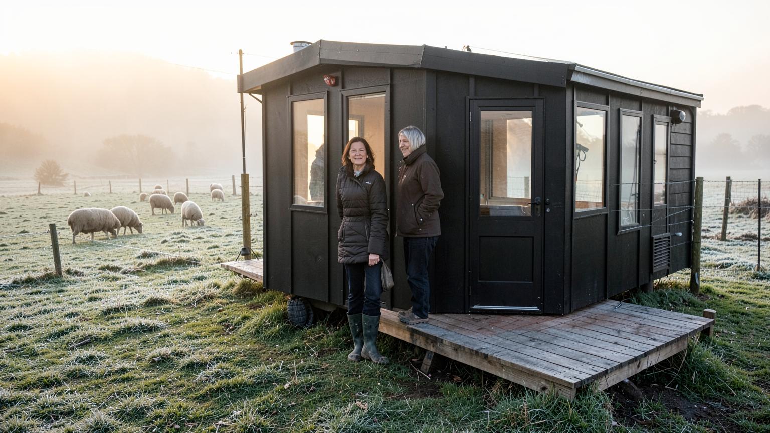 A woman in her fifties standing beside her small black expandable tiny home on a frosty Canterbury farm paddock at dawn, sheep grazing in the mist behind her