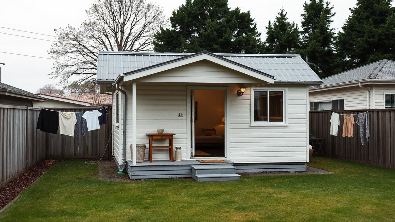 A compact granny flat in a suburban New Zealand backyard with a clothesline and tidy lawn
