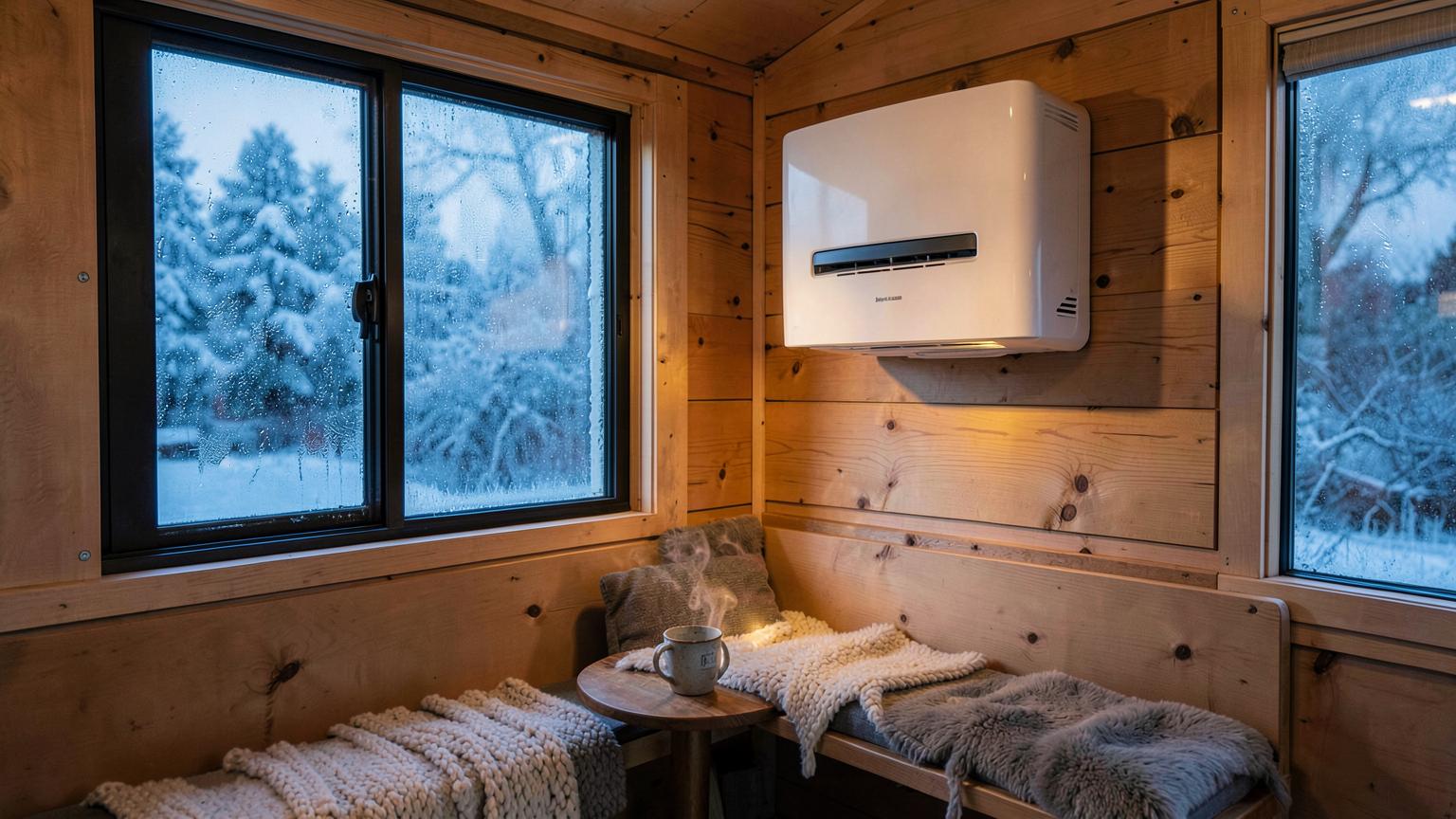 A compact heat pump mounted on a timber-clad tiny home wall, frost visible through the double-glazed window on a cold New Zealand morning